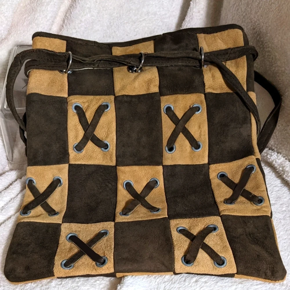 Vintage 1960's  Boho tan &‎ brown patchwork suede purse, made in Spain